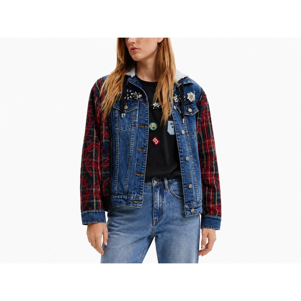 Desigual Wichita Denim Jacket M Blue Plaid Grunge Streetwear Cotton Embellished